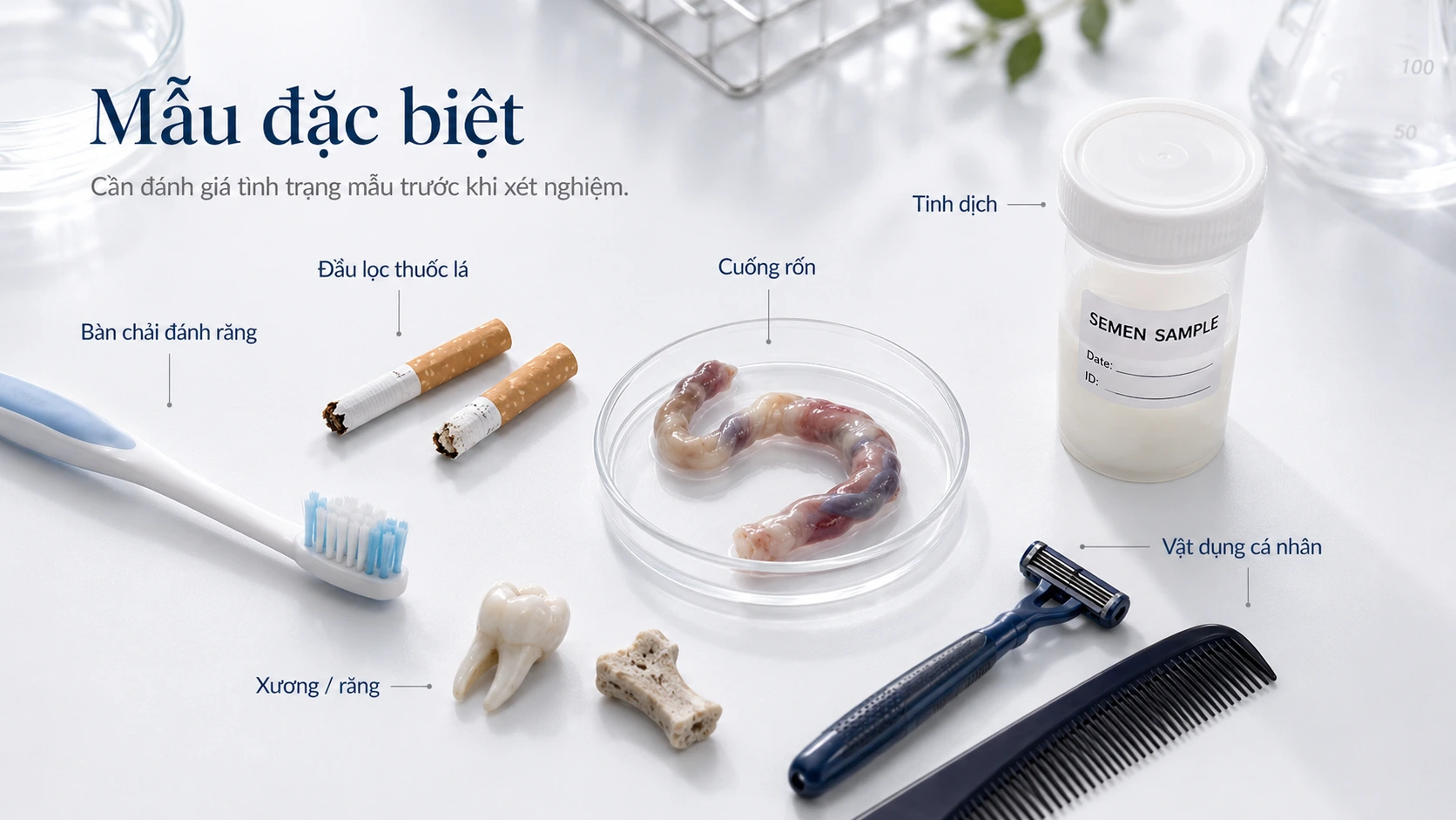 Các mẫu xét nghiệm ADN đặc biệt gồm bàn chải, đầu lọc thuốc lá, cuống rốn, xương và răng