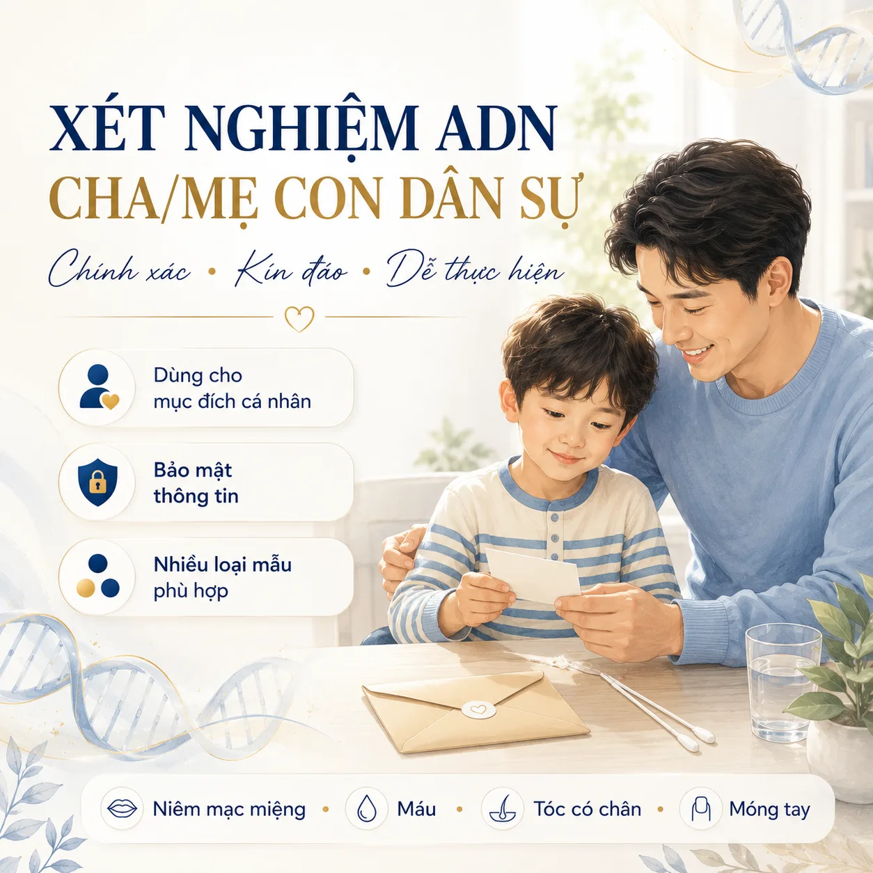 Xét nghiệm ADN cha/mẹ con dân sự: Chính xác, kín đáo và dễ thực hiện