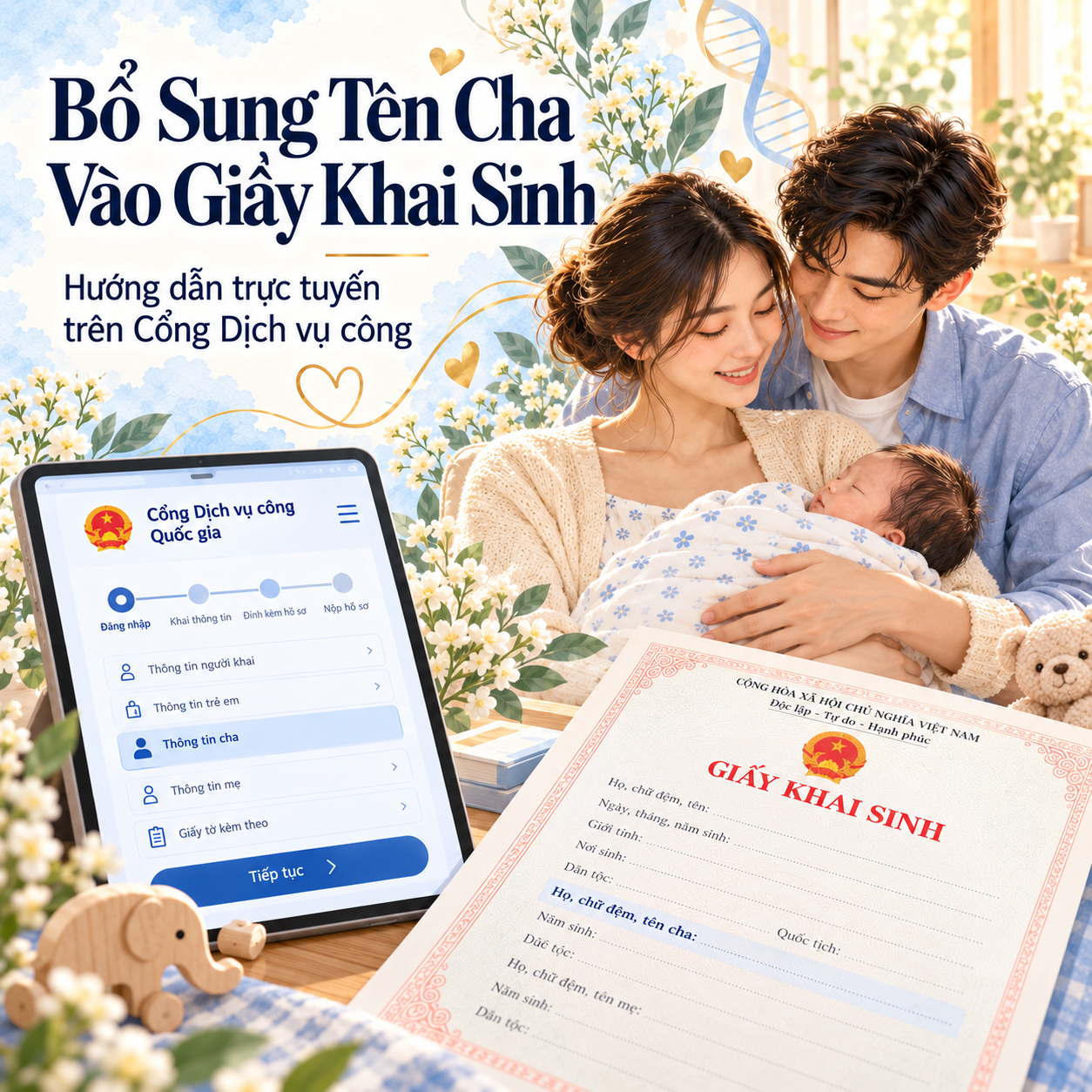 Hướng dẫn bổ sung tên cha vào giấy khai sinh online