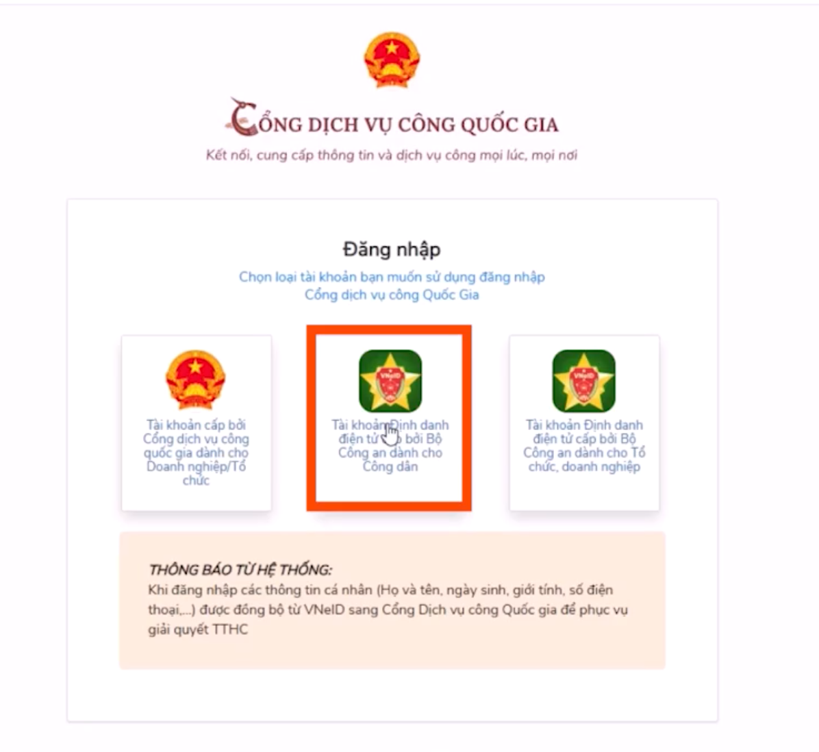 Màn hình đăng nhập bằng tài khoản VNeID của công dân.