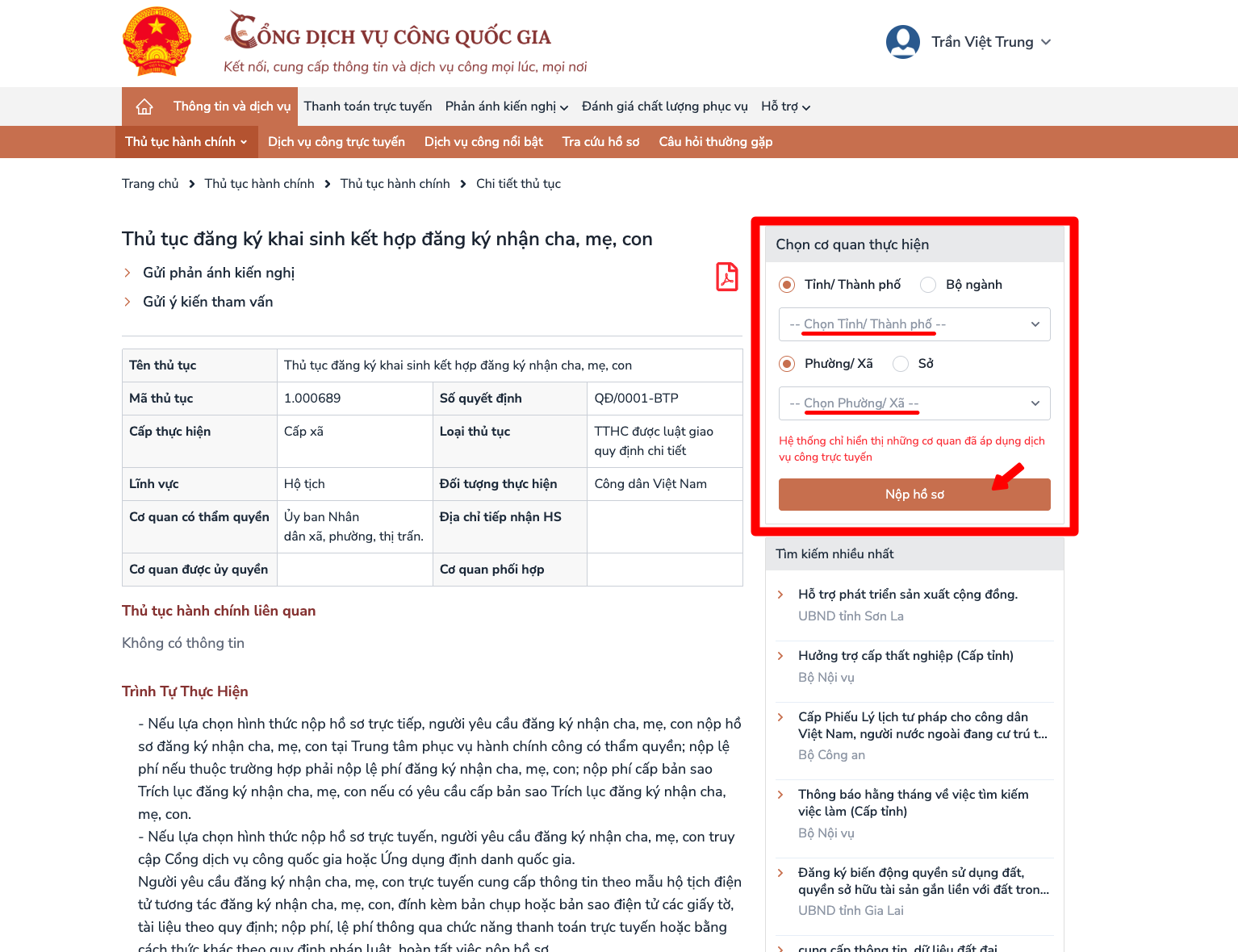 Trang chi tiết thủ tục với mã 1.000689 và khối chọn cơ quan.