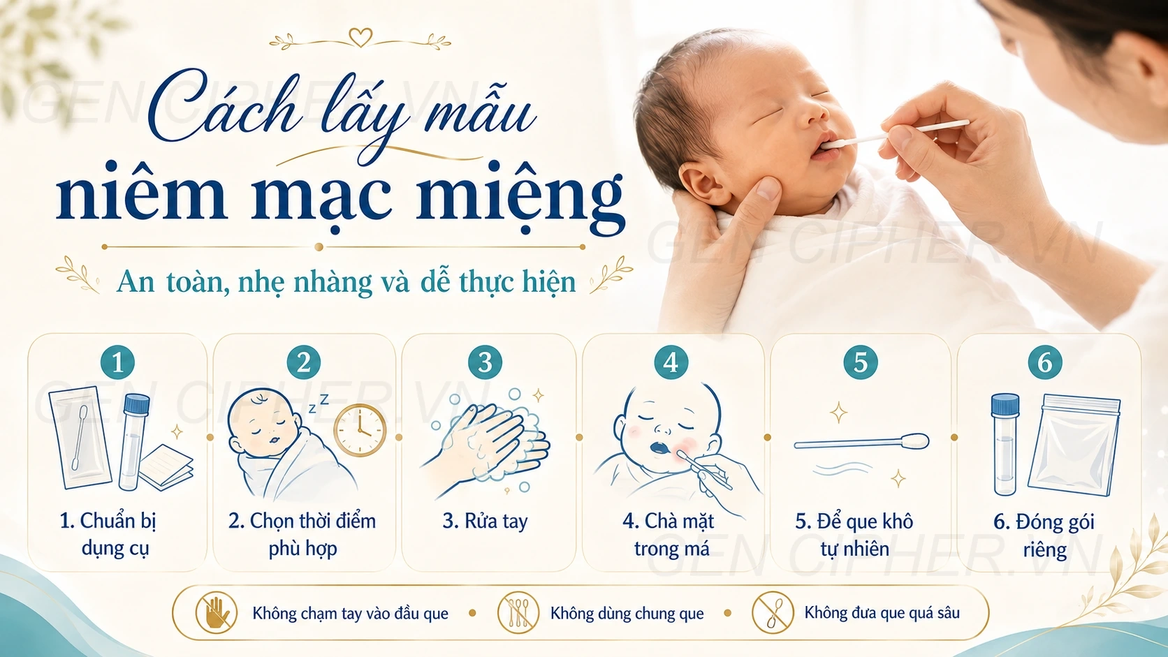 Minh họa cho cách lấy mẫu niêm mạc miệng cho trẻ sơ sinh