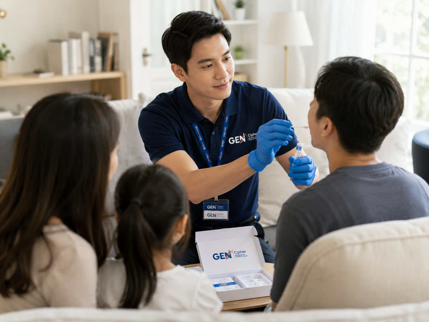 Nhân viên Gen Cipher lấy mẫu niêm mạc miệng cho khách hàng tại nhà
