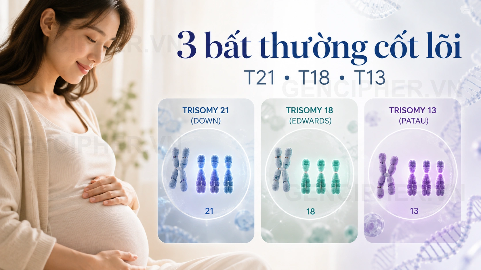 Minh họa 1. Ba bất thường cốt lõi của NIPT: T21, T18 và T13