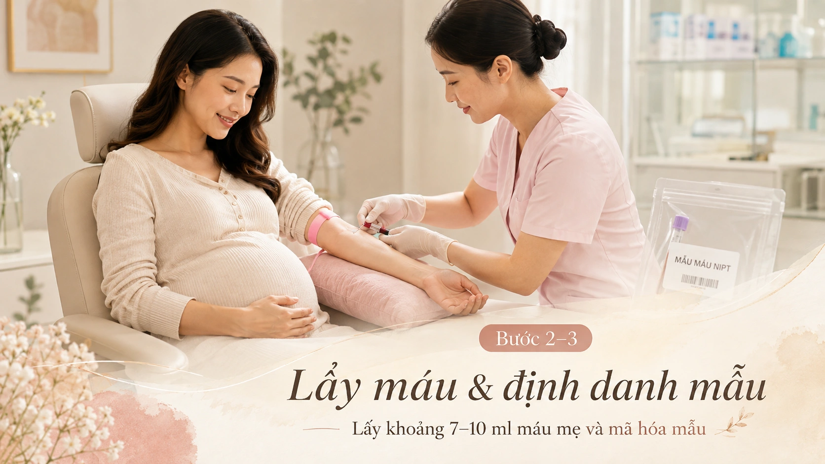 Minh họa Bước 2: Lấy máu tĩnh mạch của mẹ