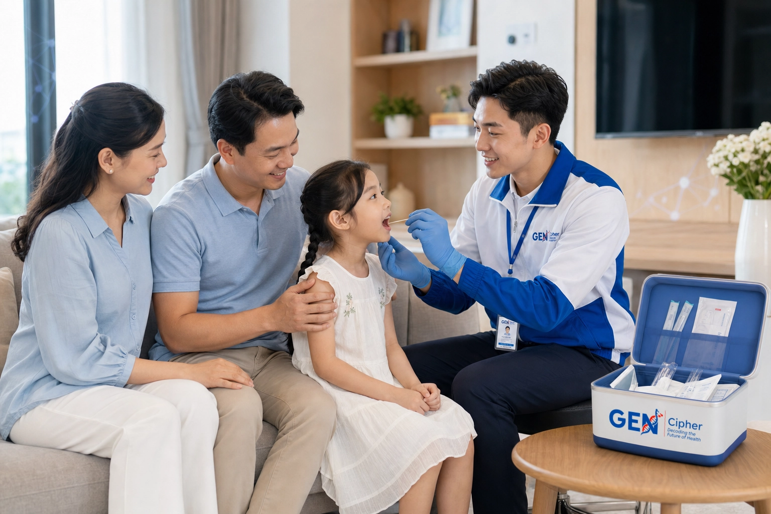 Nhân viên Gen Cipher thu mẫu niêm mạc miệng cho khách hàng tại nhà